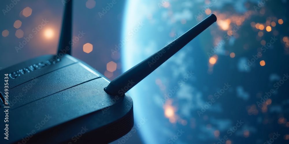 Wi-Fi router on the background of the earth view from space Wi-Fi router on the background of the earth view from space