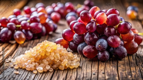 Crystalline Glucose & Grape Sugar on Rustic Wooden Board - Healthy Sweetener photo