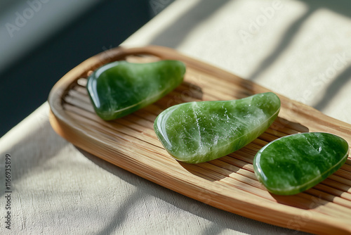 Close up of jade tools on bamboo tray, showcasing their smooth texture and vibrant green color. Perfect for gua sha and skincare routines, these tools enhance relaxation and wellness photo