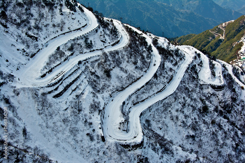 Snowfall on the road called silk route Zuluk.
