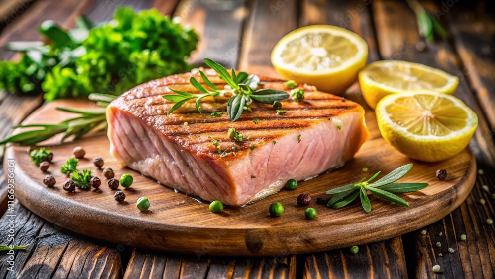Delicious Grilled Tuna Steak on Wooden Board with Lemon and Herbs Delicious Grilled Tuna Steak on Wooden Board with Lemon and Herbs