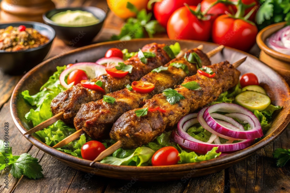 Delicious Seekh Kebab with Fresh Salad - Authentic Middle Eastern Cuisine Delicious Seekh Kebab with Fresh Salad - Authentic Middle Eastern Cuisine