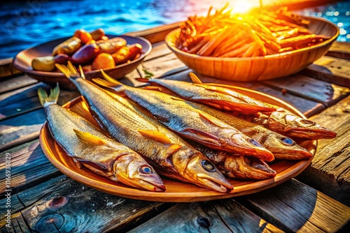 Delicious Smoked Fish on a Traditional Schleppkahn Boat,  Authentic German Cuisine photo