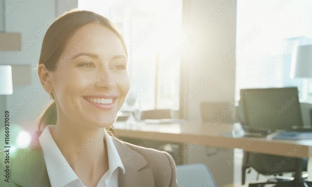 Smiling Businesswoman in Modern Office, Success and Confidence Smiling Businesswoman in Modern Office, Success and Confidence