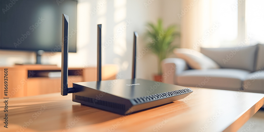 Wi-Fi router on the table in the stylish living room of a modern house Wi-Fi router on the table in the stylish living room of a modern house