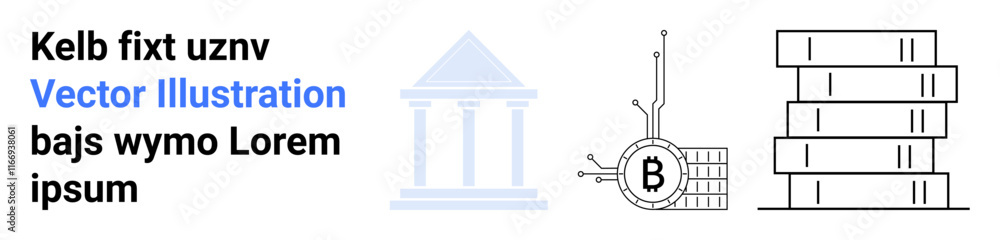 Bank building, blockchain with Bitcoin symbol, and stack of books. Ideal for finance, cryptocurrency, blockchain technology, education, banking, investment, digital currency themes. Landing page Bank building, blockchain with Bitcoin symbol, and stack of books. Ideal for finance, cryptocurrency, blockchain technology, education, banking, investment, digital currency themes. Landing page