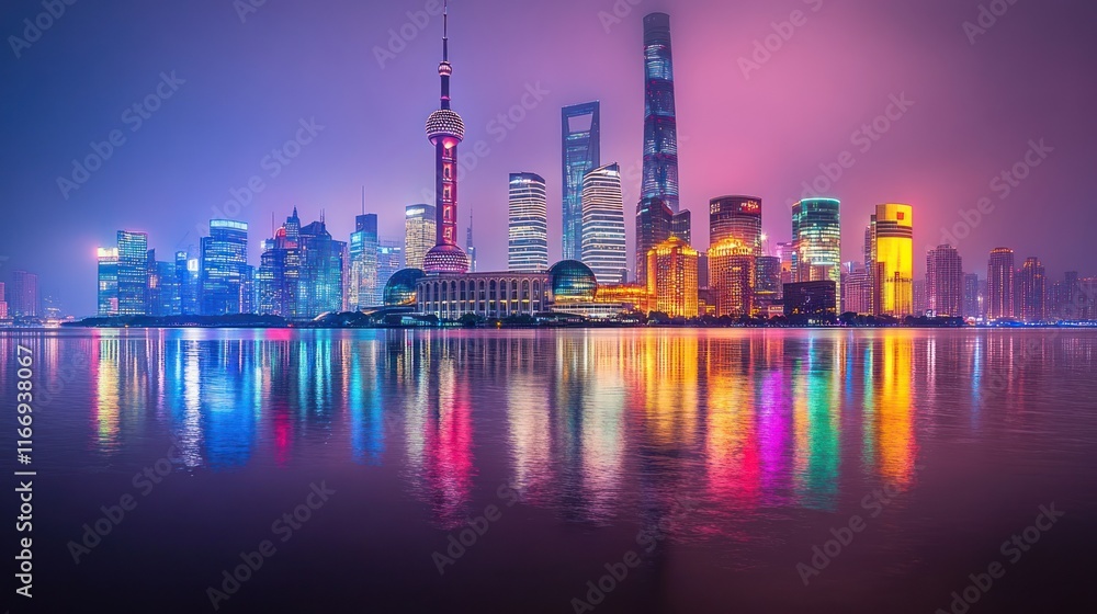 Vibrant Shanghai skyline at night, reflected in calm water. Vibrant Shanghai skyline at night, reflected in calm water.