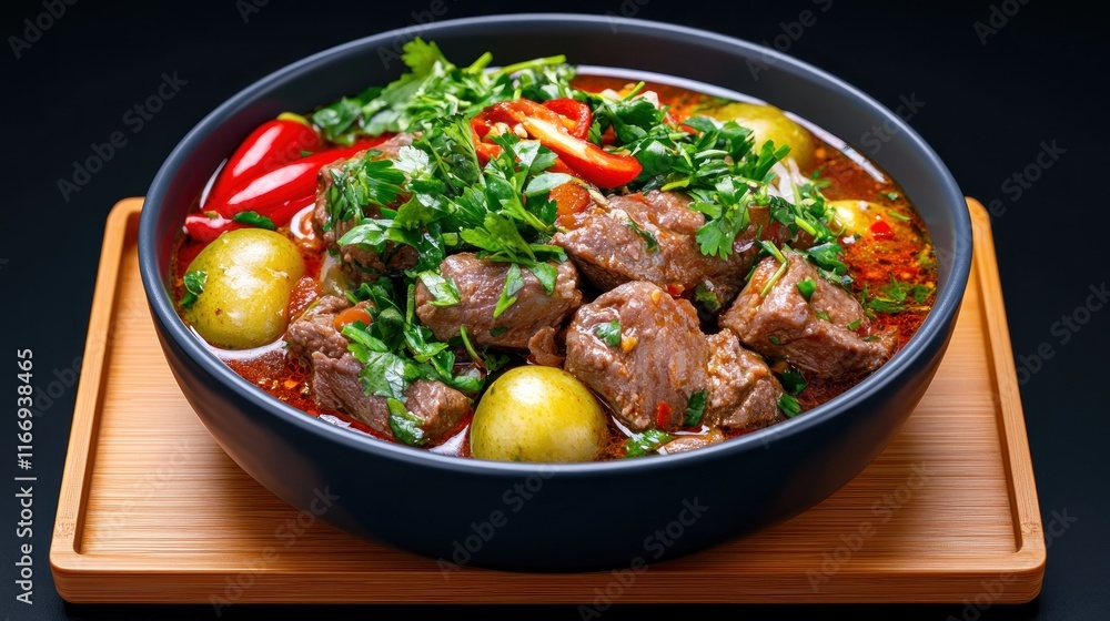 A bowl of flavorful beef stew with herbs and vegetables. A bowl of flavorful beef stew with herbs and vegetables.