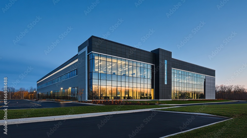 Obraz premium Modern glass and metal office building at dusk.