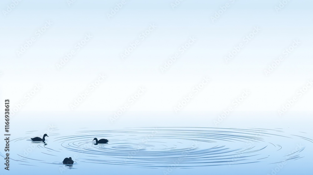 Three birds swimming in calm, blue water with ripples.