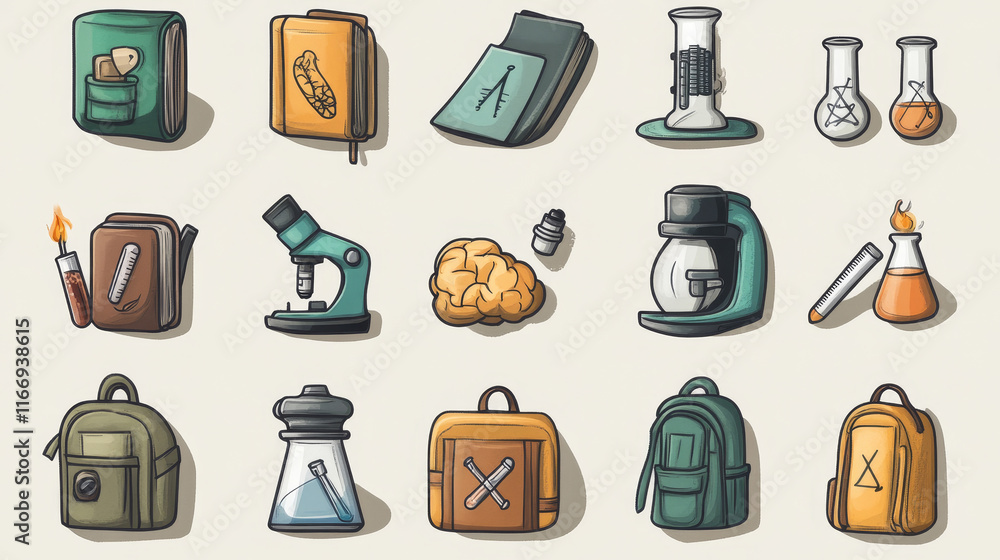 Science research icons in a shape of a laboratory flask with microscope, book, test tube, brain, computer, DNA, battery, idea light bulb, gas burner Science research icons in a shape of a laboratory flask with microscope, book, test tube, brain, computer, DNA, battery, idea light bulb, gas burner