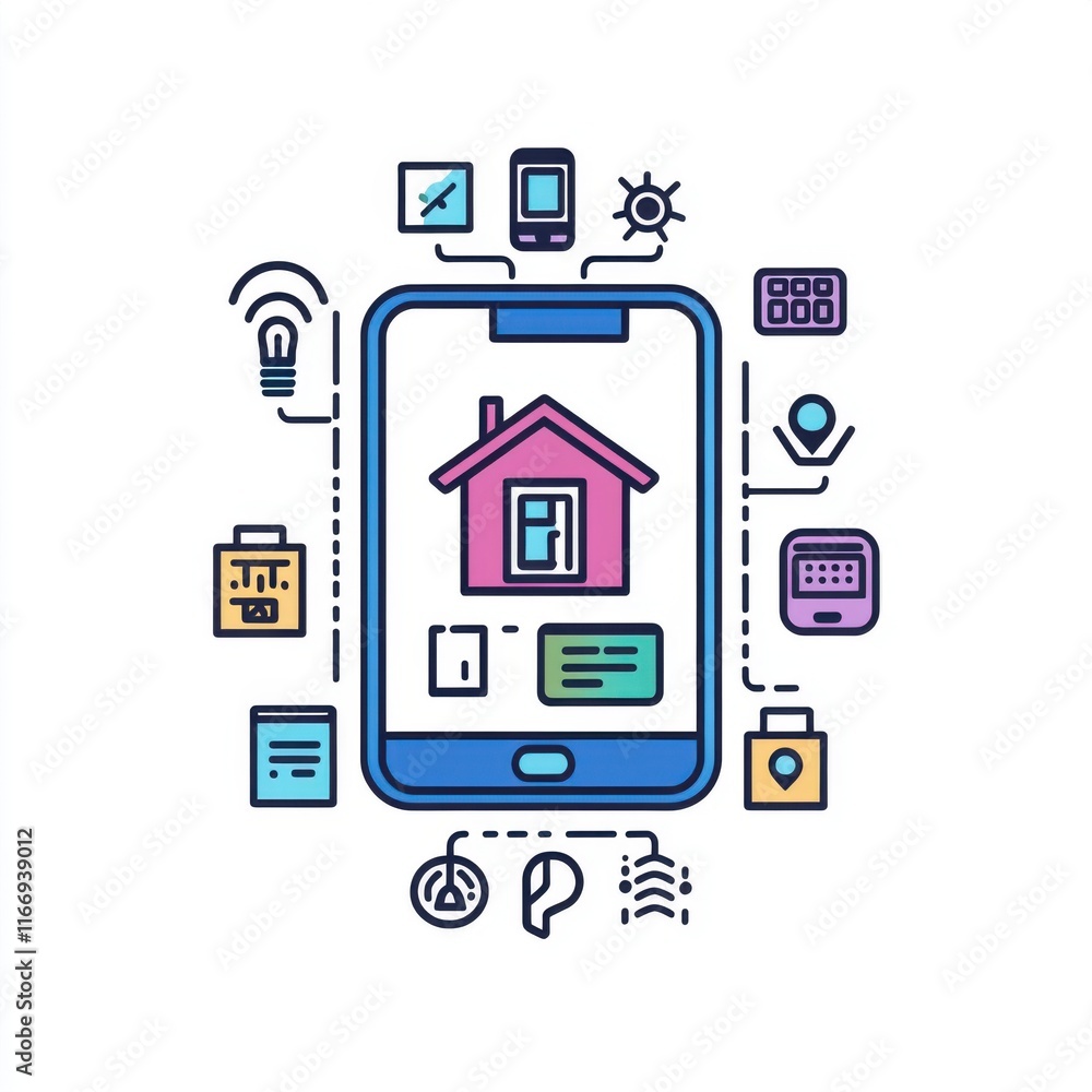 A colorful illustration of a smartphone featuring a home icon surrounded by various smart technology symbols. A colorful illustration of a smartphone featuring a home icon surrounded by various smart technology symbols.