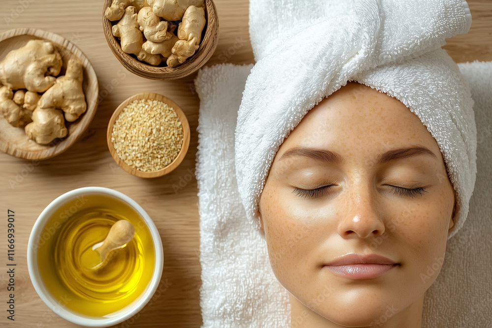 serene image of woman enjoying foot massage with warm oils and ginger, surrounded by natural ingredients. This scene evokes relaxation and wellness