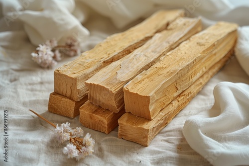 Healing incense sticks palo santo on light background. Aromatherapy religious rituals and meditation.