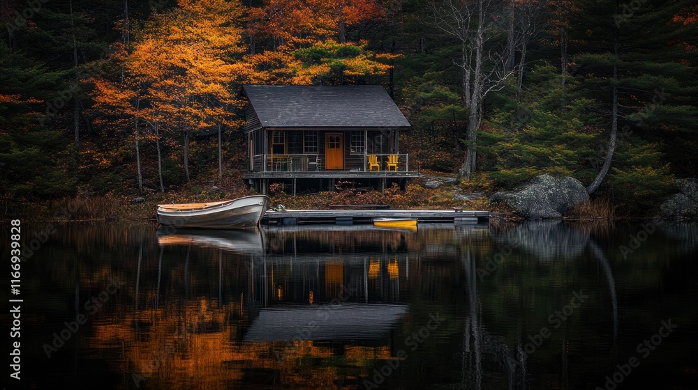 Fototapeta premium Rustic cabin on a calm lake, surrounded by autumn foliage, reflected in the still water.
