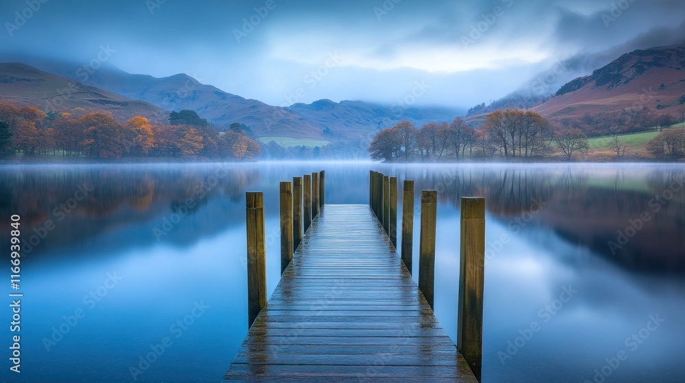 Naklejka premium Serene misty lake scene with wooden pier reflecting in calm water, autumnal hills in background.
