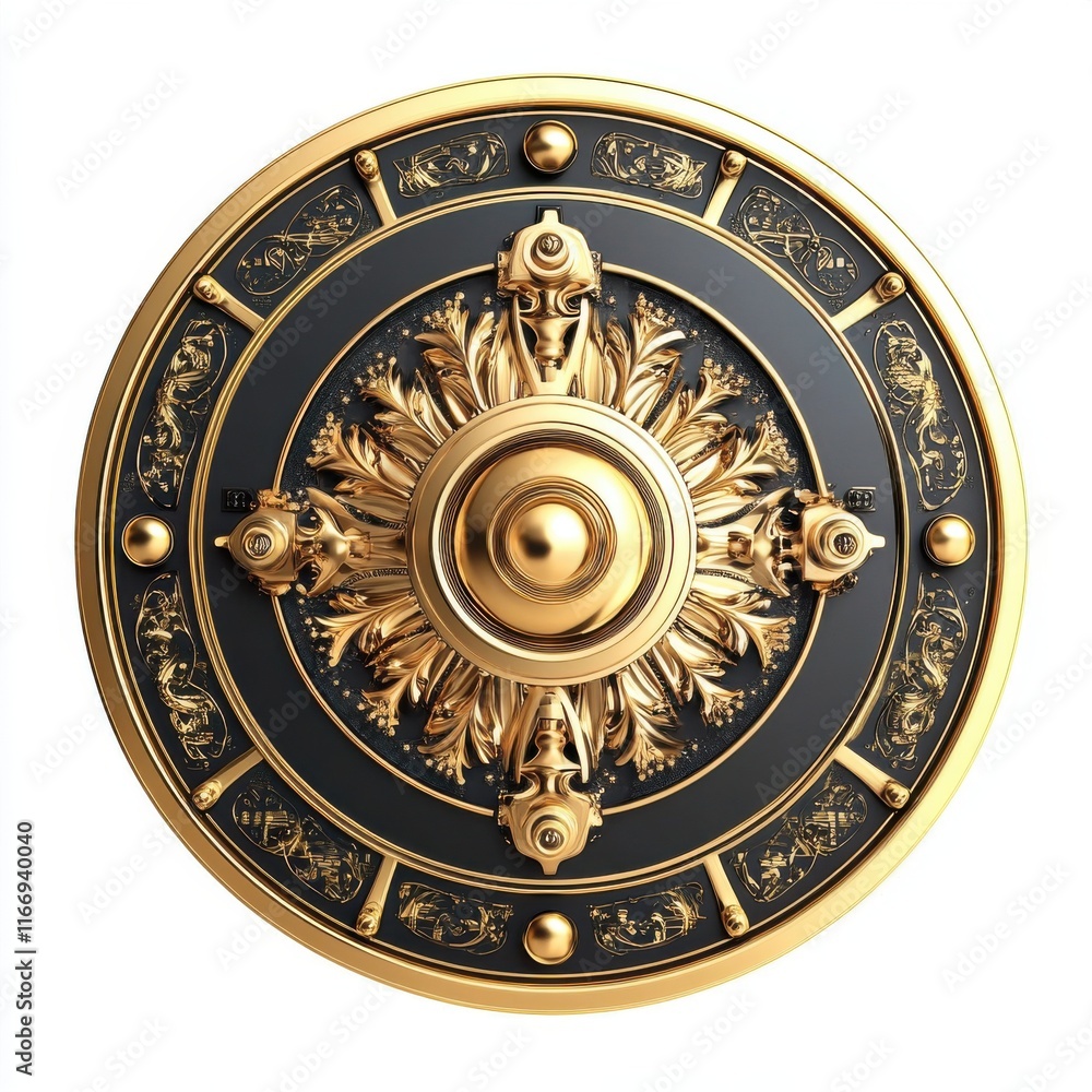 Intricate golden ornamental shield design with detailed engravings and a central sunburst motif. Intricate golden ornamental shield design with detailed engravings and a central sunburst motif.