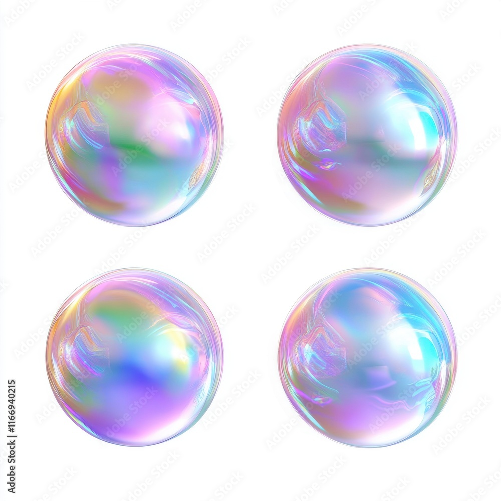 Four iridescent soap bubbles floating gracefully, showcasing vibrant colors and reflections. Four iridescent soap bubbles floating gracefully, showcasing vibrant colors and reflections.