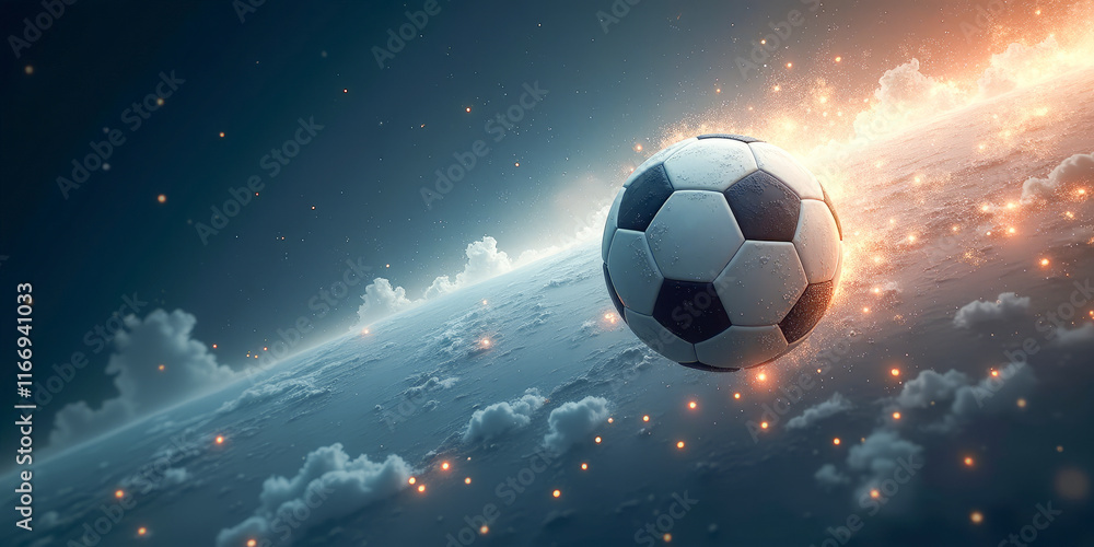 Fototapeta premium soccer ball in space close-up on the background of planet earth