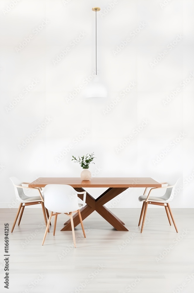 Fototapeta premium Modern Dining Room with Wooden Table and Blank Wall Mockup