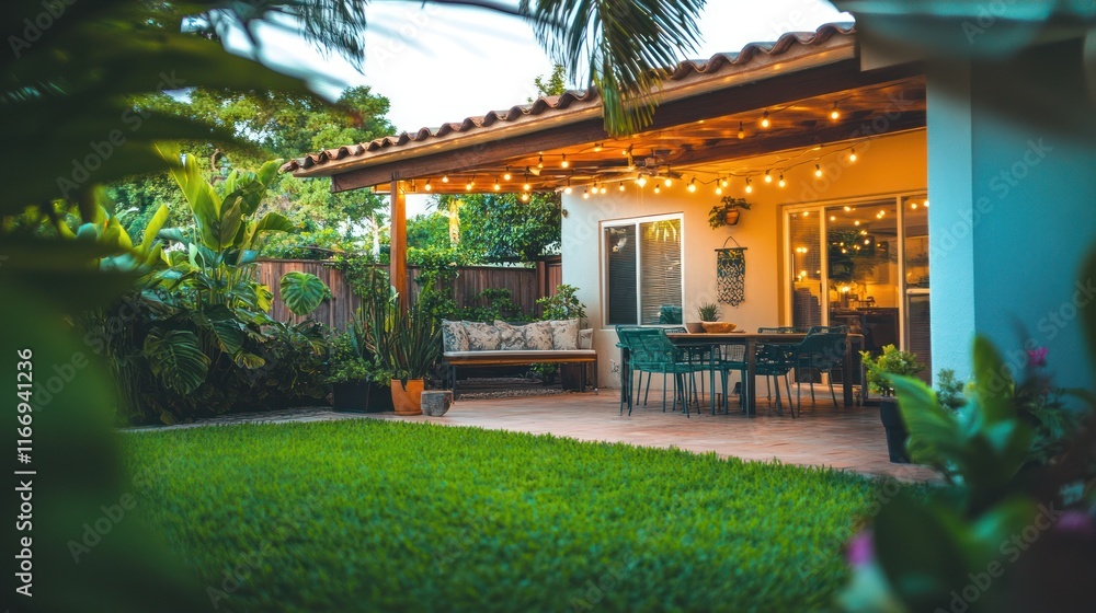 Obraz premium Tranquil backyard patio with string lights, seating, and lush greenery at dusk.