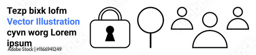 Text elements next to a lock icon, person identifiers, and a magnifying glass. Ideal for concepts of security, teamwork, user identification, data protection, privacy, search and online