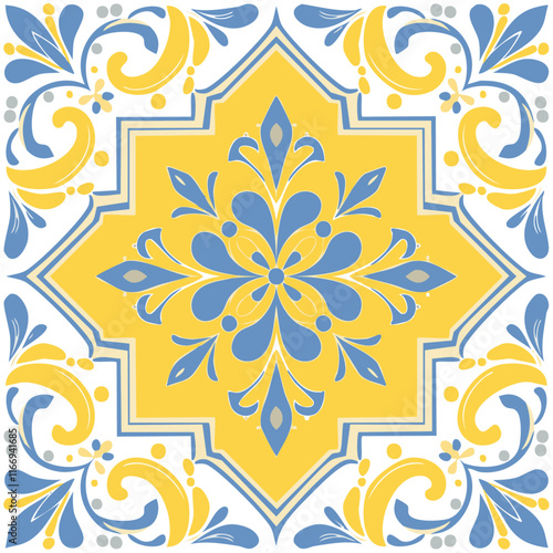 Traditional Azulejo ceramic tiles. Vector Italian print for fabric and wallpaper. Sicilian majolica in blue and yellow colors. Mediterranean style ornament.