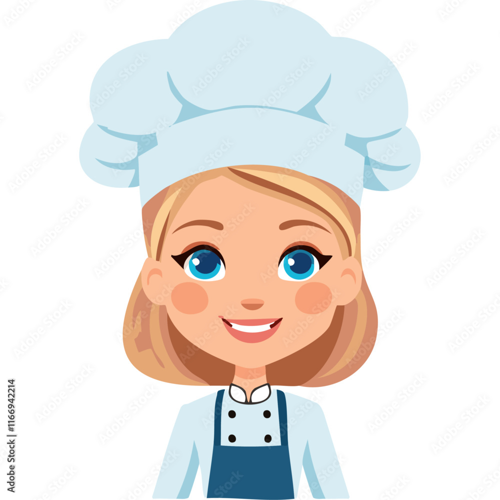 Cute chef girl vector illustration in cartoon style. Character portrait in hat smiling. Cute chef girl vector illustration in cartoon style. Character portrait in hat smiling.