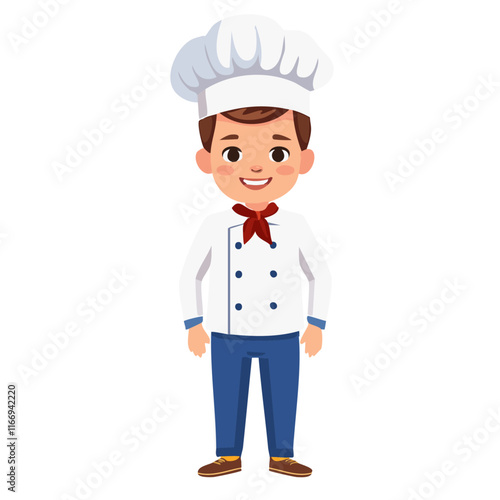 Chef character in cartoon style vector illustration. Image of cute cook in uniform and chef's hat on isolated background. For packaging and blog design.