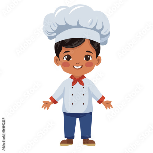 Chef character in cartoon style vector illustration. Image of cute cook in uniform and chef's hat on isolated background. For packaging and blog design.