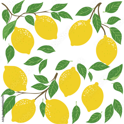 Lemons on a branch vector illustration flat. Image of a branch with yellow citrus fruits and leaves. For packaging and design.