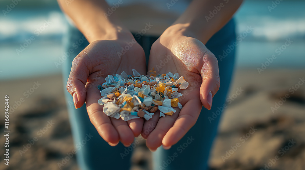 A pair of hands holding a handful of microplastics collected from the sand, close-up detail with a blurred beach and sea backdrop A pair of hands holding a handful of microplastics collected from the sand, close-up detail with a blurred beach and sea backdrop