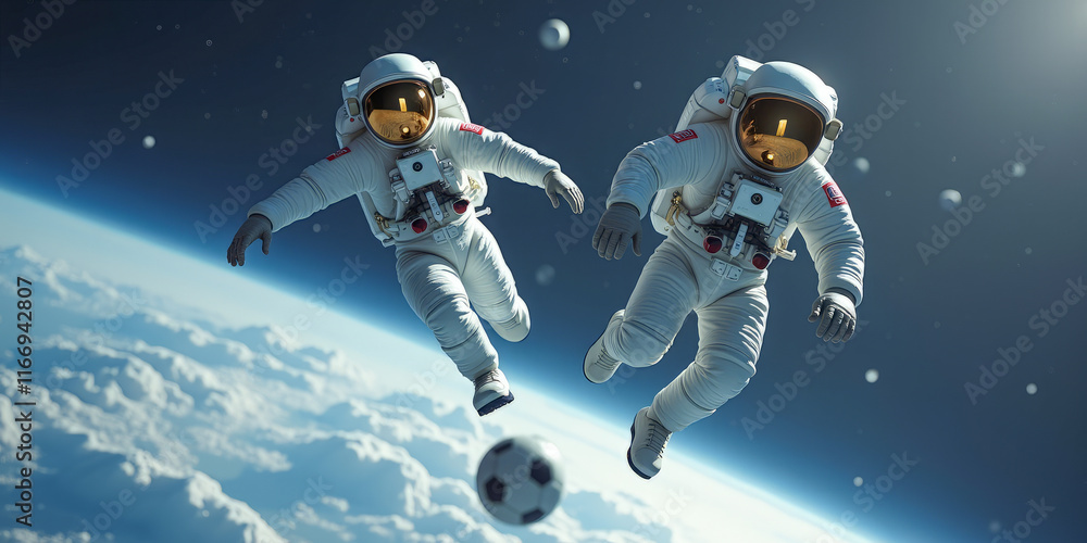 A football match in space between two astronauts and a ball on the background of planet earth A football match in space between two astronauts and a ball on the background of planet earth