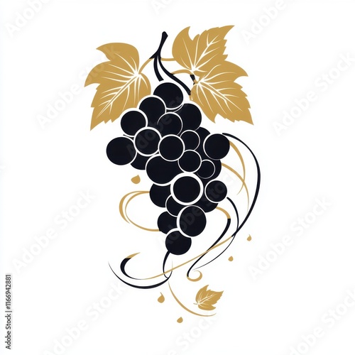 Stylized black and gold grapevine design with flowing lines and detailed leaves.