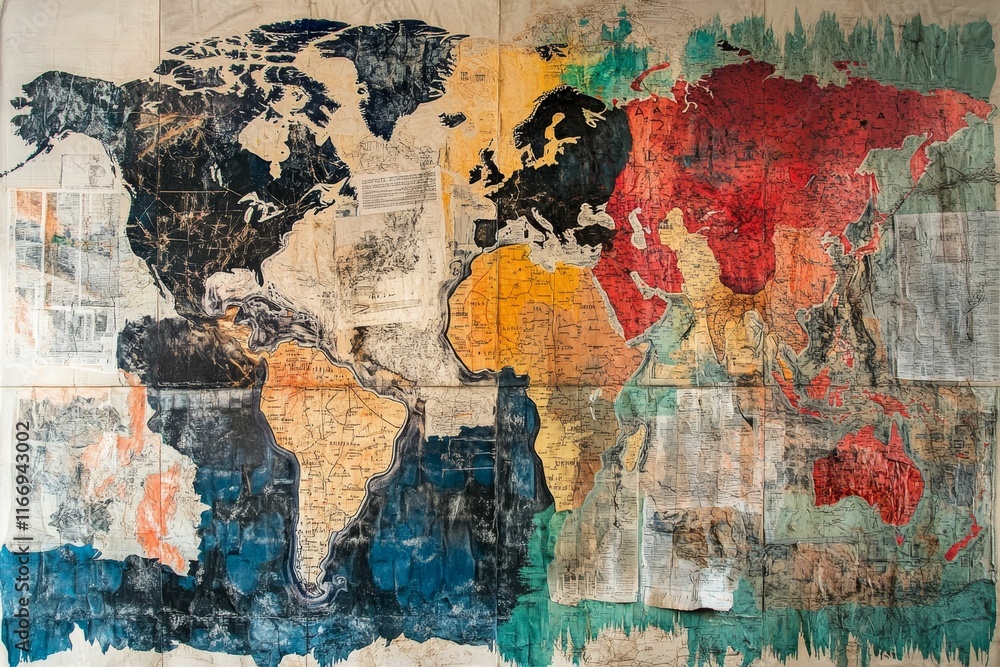 Naklejka premium Abstract world map collage, textured paint, layered papers.