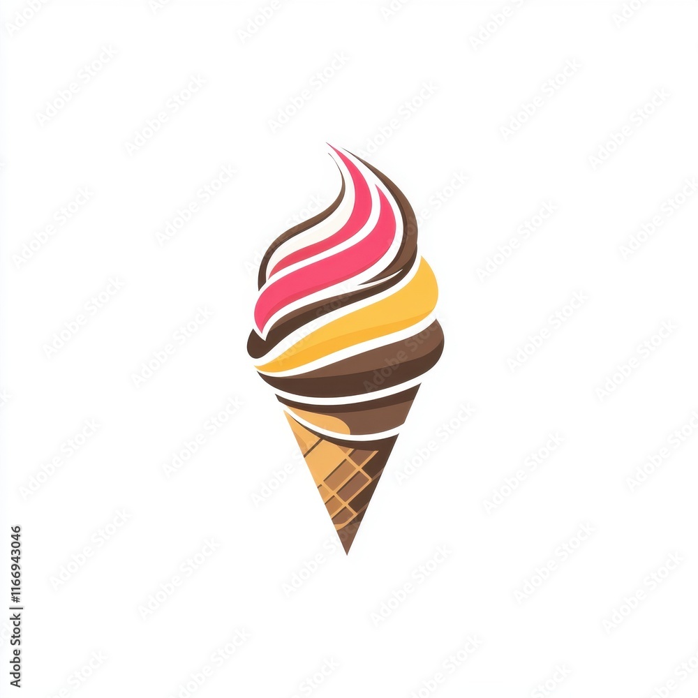Colorful soft serve ice cream cone with swirls of pink, yellow, and chocolate flavors. Colorful soft serve ice cream cone with swirls of pink, yellow, and chocolate flavors.