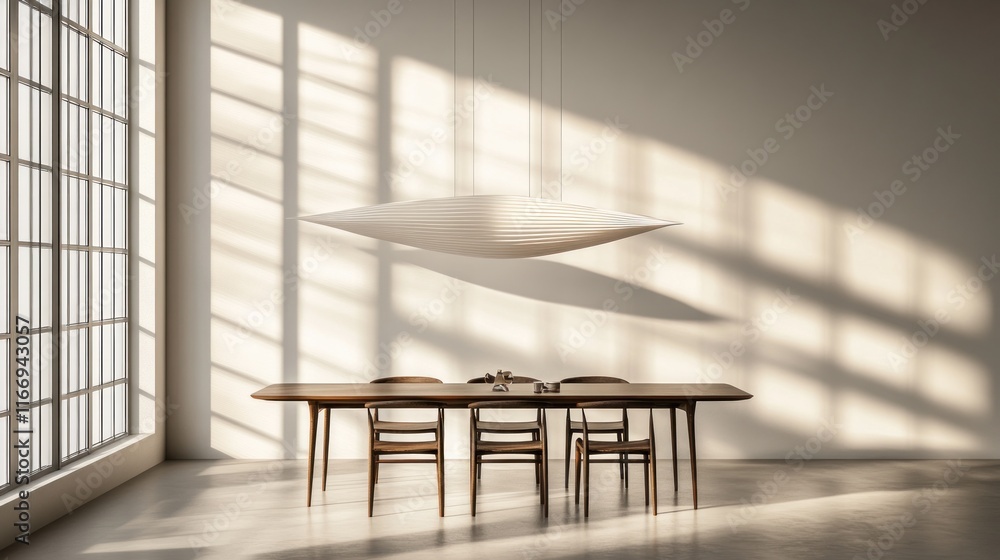 Fototapeta premium Modern dining room with minimalist pendant light, wooden table, and chairs; sunlight streams through large window.