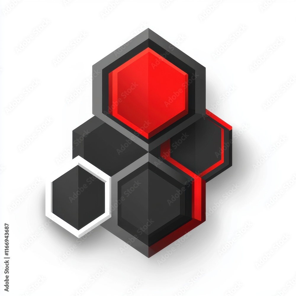 Abstract geometric design featuring layered hexagons in shades of black, red, and white. Abstract geometric design featuring layered hexagons in shades of black, red, and white.