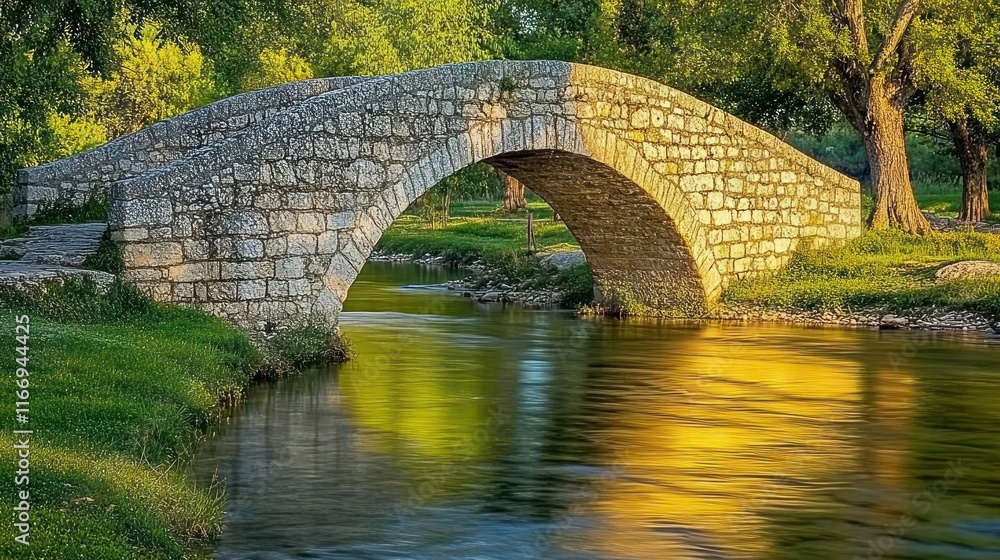 Stone arch bridge over calm river at sunset, reflecting golden light. Stone arch bridge over calm river at sunset, reflecting golden light.