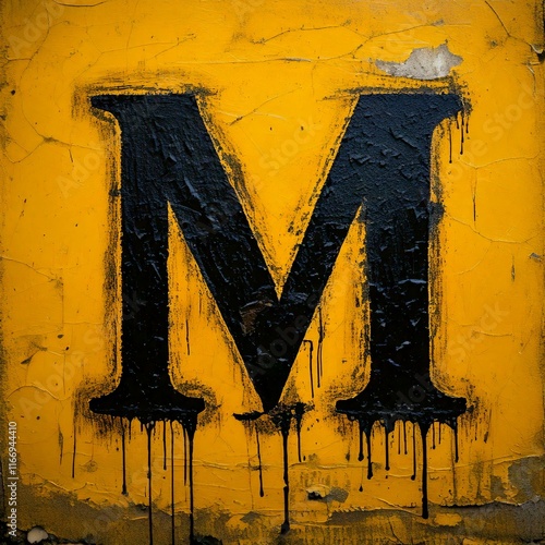 Close-up photograph of a large Alphabet letter M painted on a textured yellow wall. The wall has a rough, pebbled texture and the paint is slightly chipped and worn.