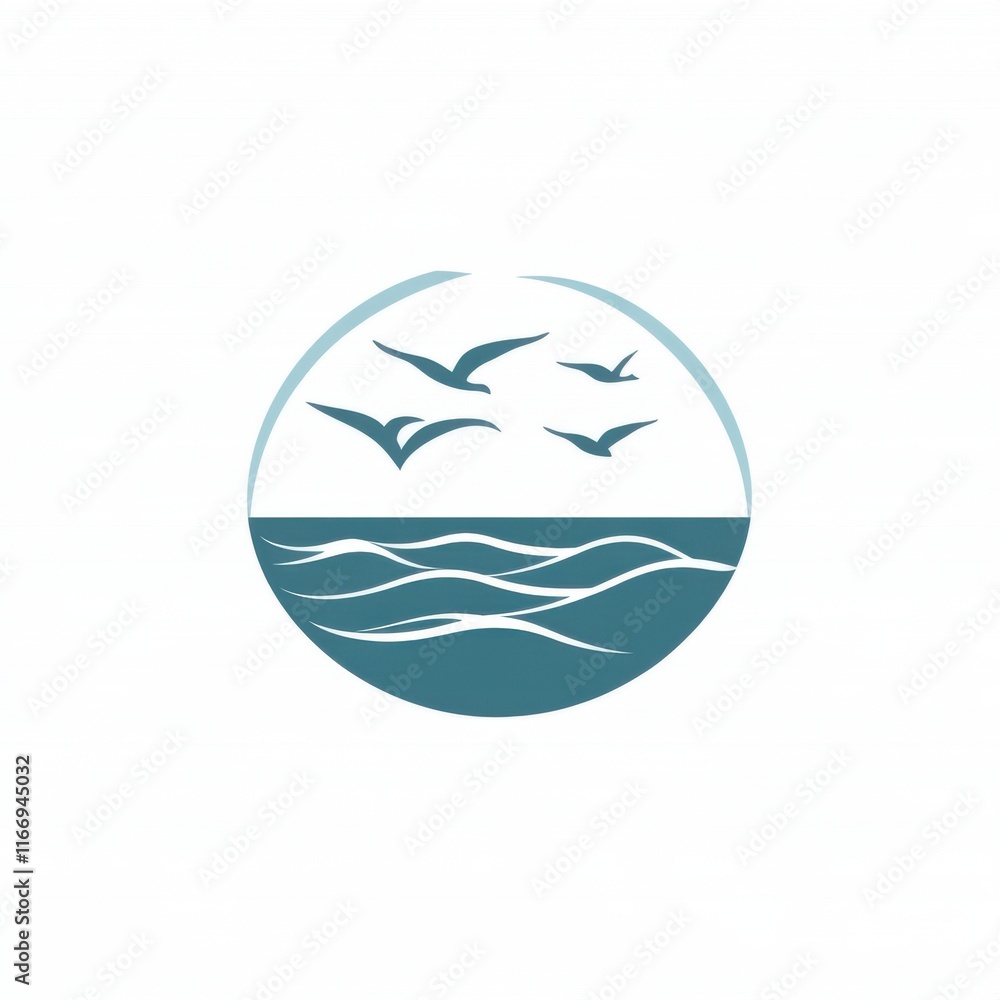 Stylized illustration of seagulls flying over ocean waves in a circular design. Stylized illustration of seagulls flying over ocean waves in a circular design.