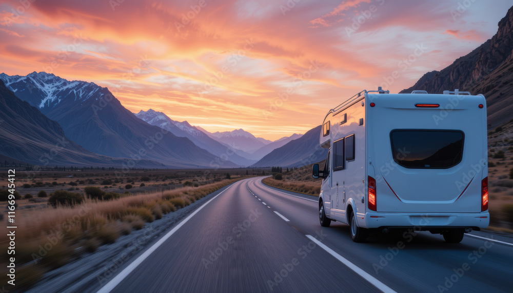 Rear view of motorhome driving through a scenic highway during a vibrant sunset in the mountains Rear view of motorhome driving through a scenic highway during a vibrant sunset in the mountains