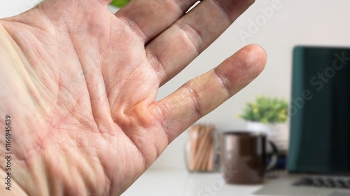 Hand of a person with Dupuytren's contracture, which does not allow to bend the finger.
A disease of the joint and palm, Dupuytren's contracture, fingers do not bend. Medicine and traumatology, orthop photo