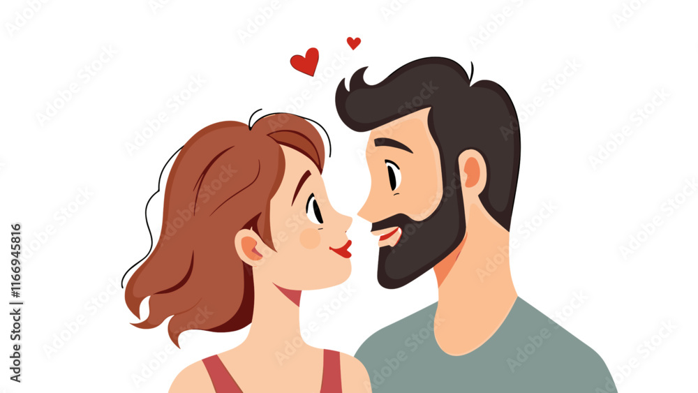 A couple stands closely together, gazing into each other's eyes, two hearts float above them, symbolizing love. A couple stands closely together, gazing into each other's eyes, two hearts float above them, symbolizing love.
