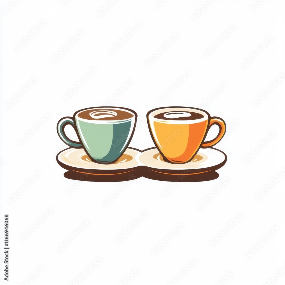 Fototapeta premium Two vibrant coffee cups, one blue and one orange, elegantly placed on wooden saucers against a bright background.