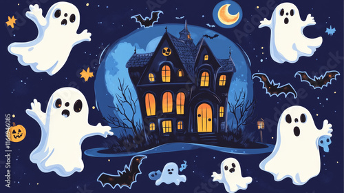 Cartoon Halloween kawaii ghost characters stickers pack. Vector holiday set featuring cute and expressive phantom patches at spooky halloween night backdrop with a haunted house, bats and a full moon photo