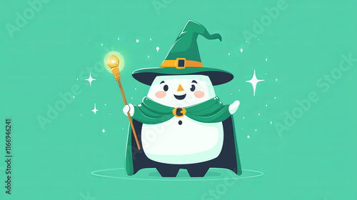 Cartoon school wooden ruler mage, wizard or warlock character. Isolated vector smiling scale Halloween personage wear green cloak and witch hat with magic wand. Funny straightedge measurement tool photo