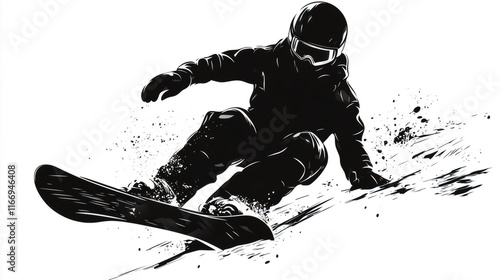 Snowboarder speeding down snowy mountain slope, black and white silhouette