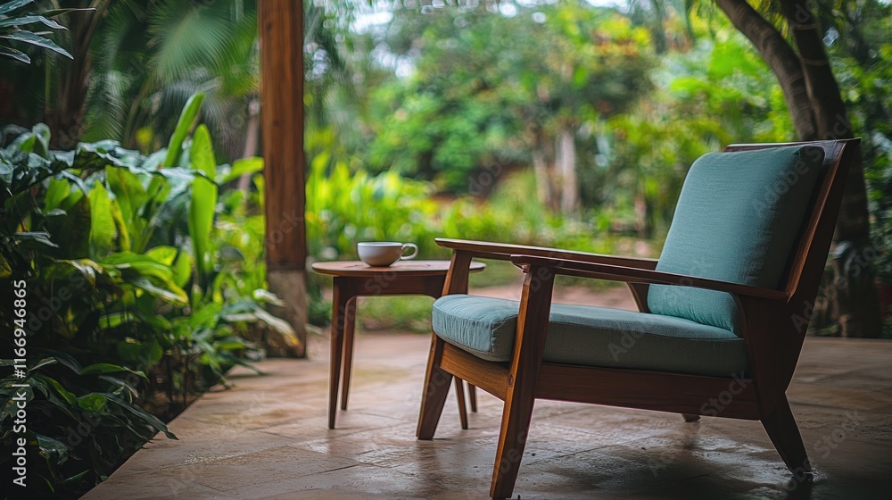 Serene patio scene with a teal armchair, wooden side table, and a cup of tea, overlooking a lush tropical garden. Serene patio scene with a teal armchair, wooden side table, and a cup of tea, overlooking a lush tropical garden.