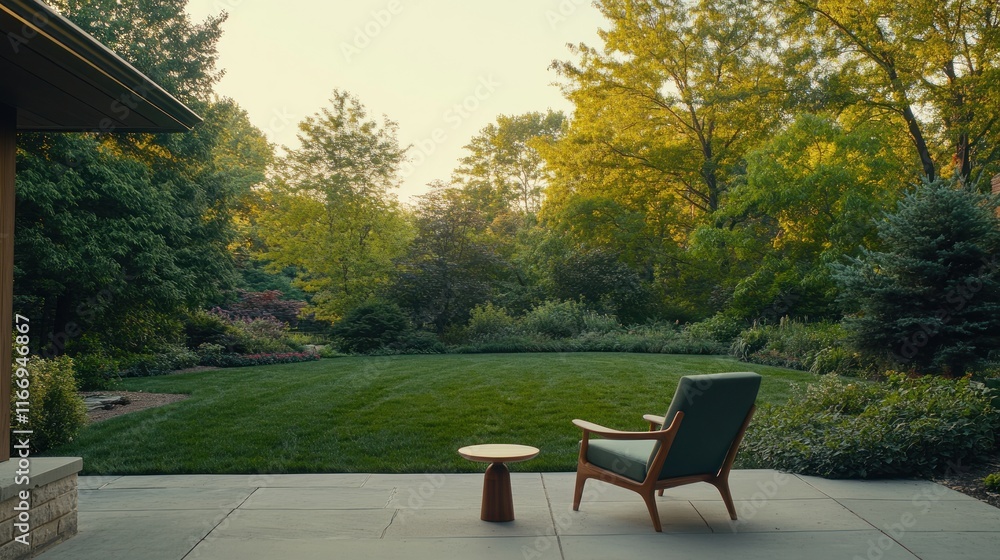 Serene backyard patio with chair, table, and lush green lawn. Serene backyard patio with chair, table, and lush green lawn.